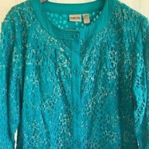 Chico's Size 3 or XL Turquoise Blue Open Lace Overlay Embroidered Cotton